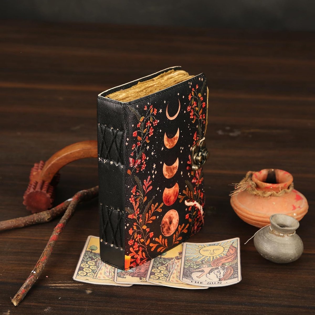 SnelShoppen - Lege Spreukenboek Dagboek met Slotsluiting, Vintage Handgemaakt Lederen Dagboek met Maanfase Afdrukken voor Wicca, Heidense Hekserij Ben
