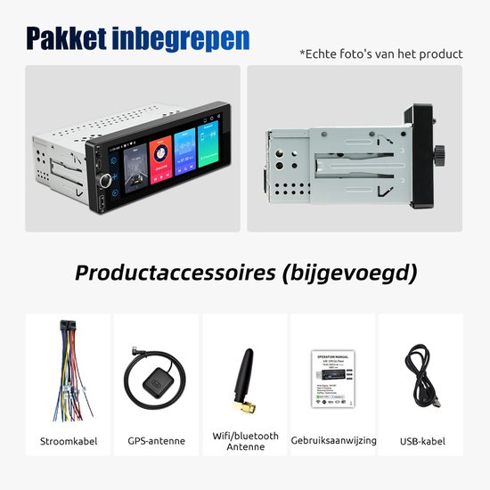 Pakket inbegrepen: autoradio, achterkant unit, stroomkabel, GPS-antenne, wifi/bluetooth antenne, gebruiksaanwijzing en USB-kabel.