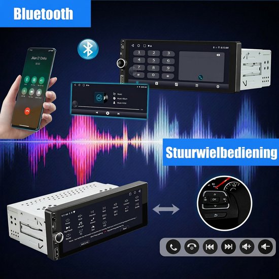 Bluetooth telefoongebruik, muziek afspelen en stuurbediening weergave op autoradio met equalizer.