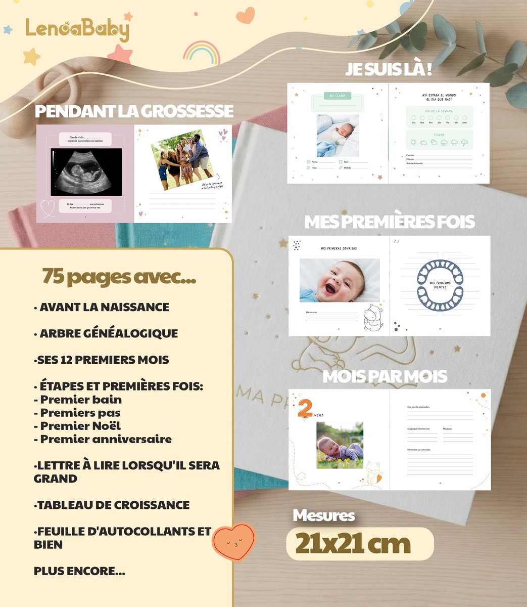 SnelShoppen - Album foto's baby eerste jaar linnen stof 75 pagina's herinneringsboek met stickers ideaal cadeau babyshower jongens meisjes