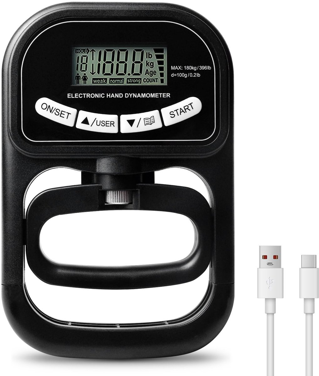 SnelShoppen - Digitale handkrachtmeter, Grip Strength tester tot 265 lbs/120 kg, USB-oplaadbaar met groot LED-scherm, ideale handdynamometer voor fitn