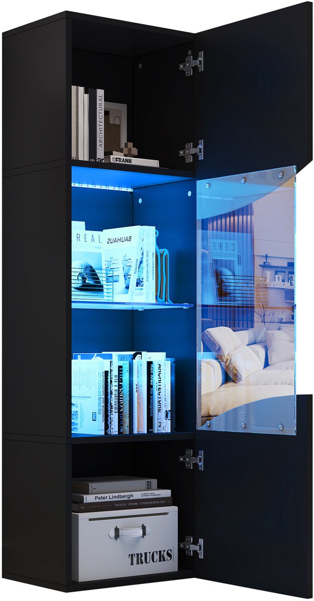 REDOM - Vitrinekast - Hoogglans zwarte afwerking met geïntegreerde LED-verlichting - 4 planken - Gehard glas - Modern design - Woonkamer - Chipboard en gehard glas - Zwart - 35 x 50 x 165 cm
