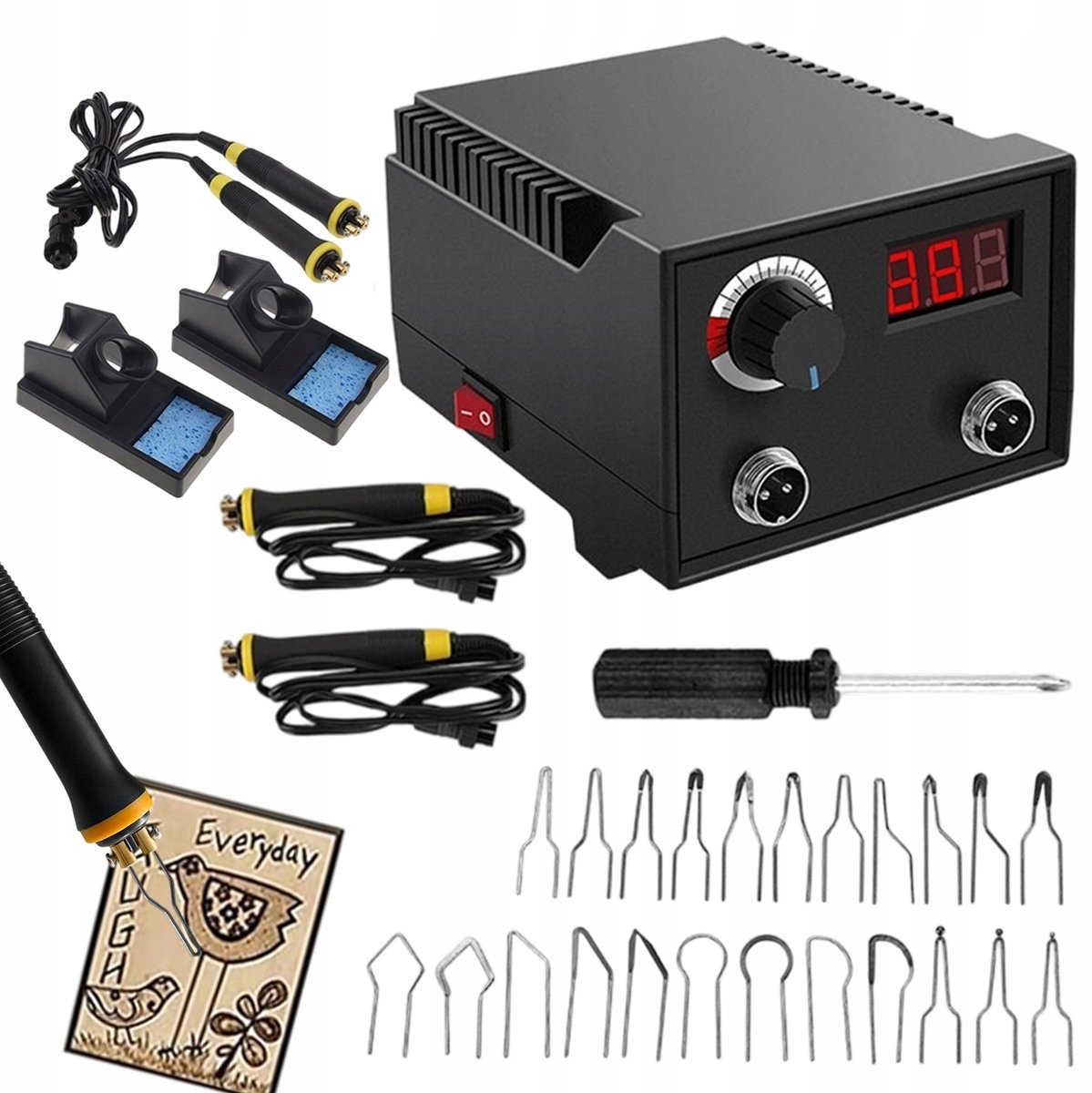Pyrografiemachine - Brandschilderset - met 2 Pennen en 23 Draadpunten - 100W - 0-750°C Instelbare Temperatuur - Hout en Leer - Voor Beginners en Gevorderden - Creatief Cadeau