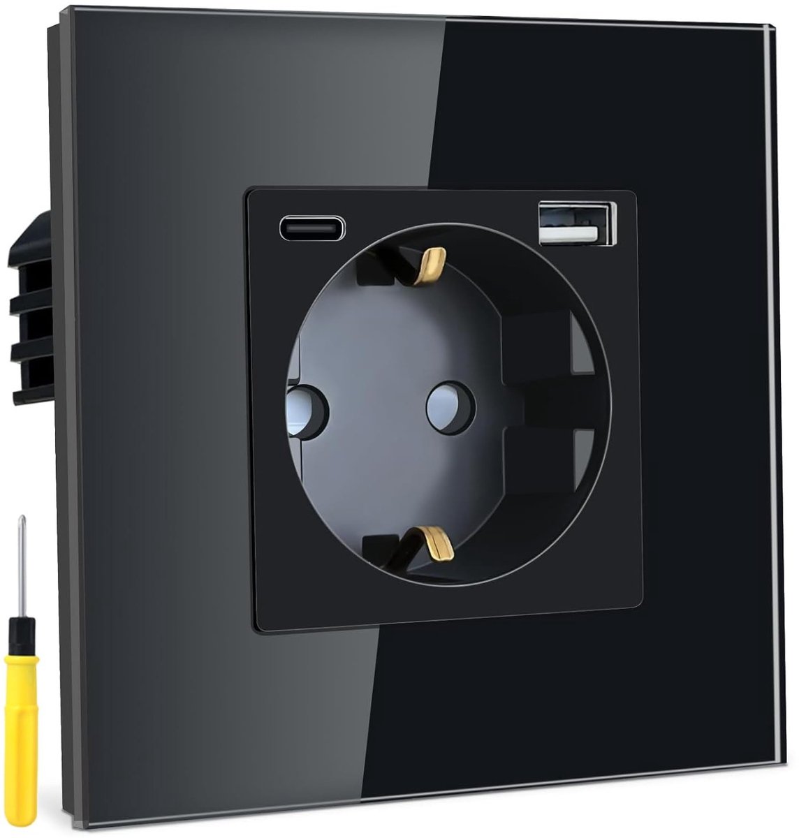 USB-C en USB-A Wandcontactdoos met QC 3.0, 1-gang, Inbouw, Zwart, 86 x 86 mm, Inclusief Schroevendraaier, Snelladen en Stekkerverbinding