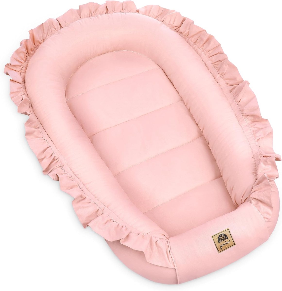 SnelShoppen - PIMKO Babynestje met Ruches voor Baby's, Knuffelnest, Babycocon van 100% Katoen, 55 x 90 cm, Roze met Klep, Geschikt voor Thuis en Op Re