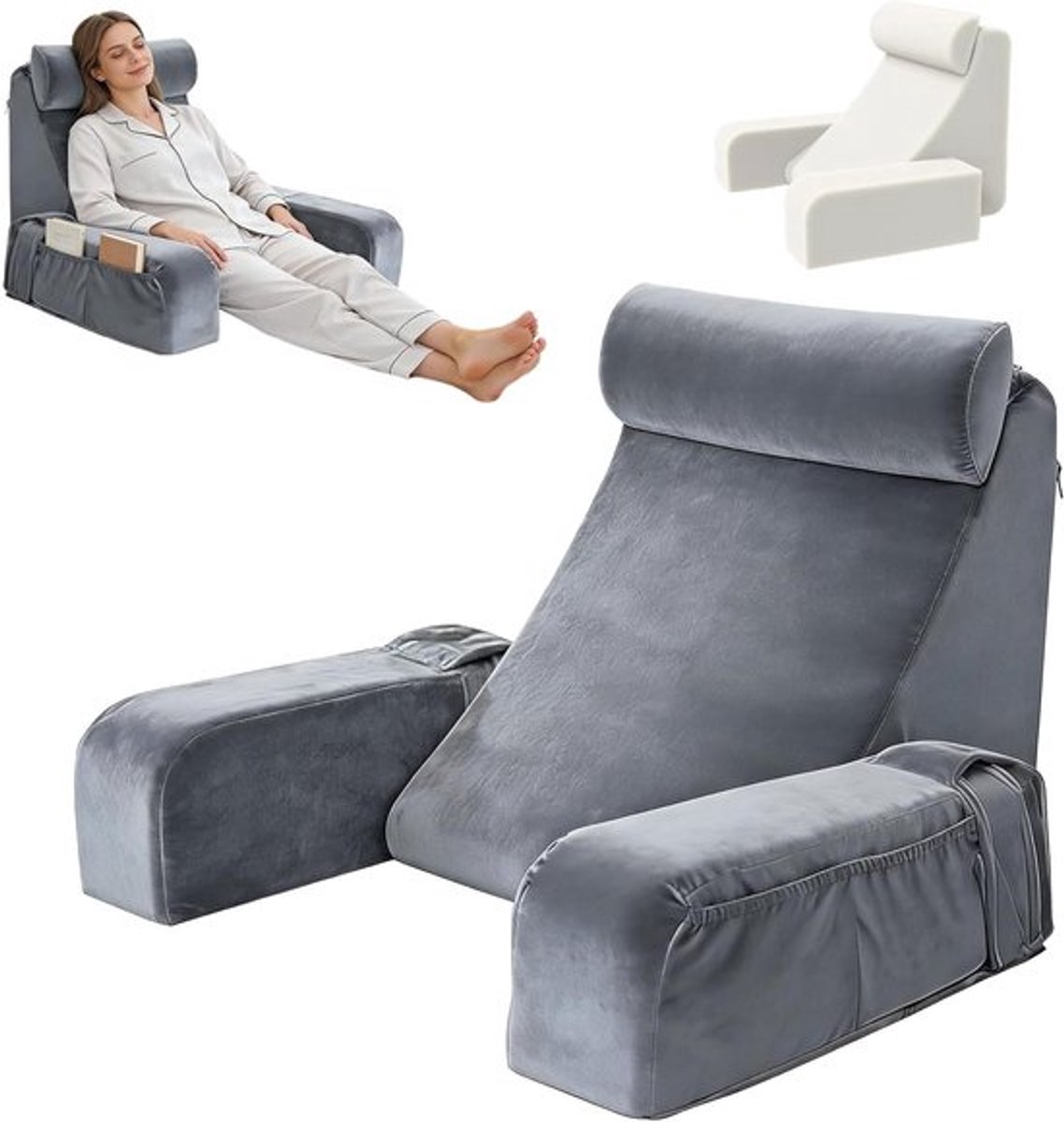 Ergonomisch Leeskussen voor Volwassenen met Verwijderbare Armsteunen en Nekroller, Ideaal voor Lezen, TV Kijken en Ontspannen, Wasbare Hoes (Grijs)