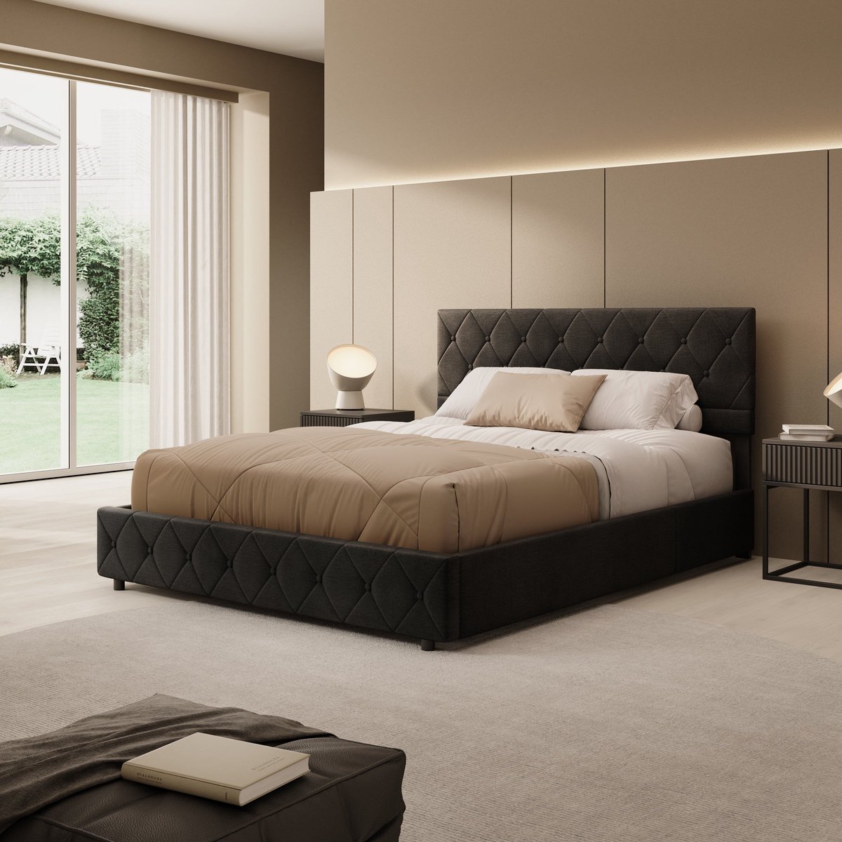Meubella - Hernandez - Tweepersoonsbed - Velvet zwart - 180x200 cm