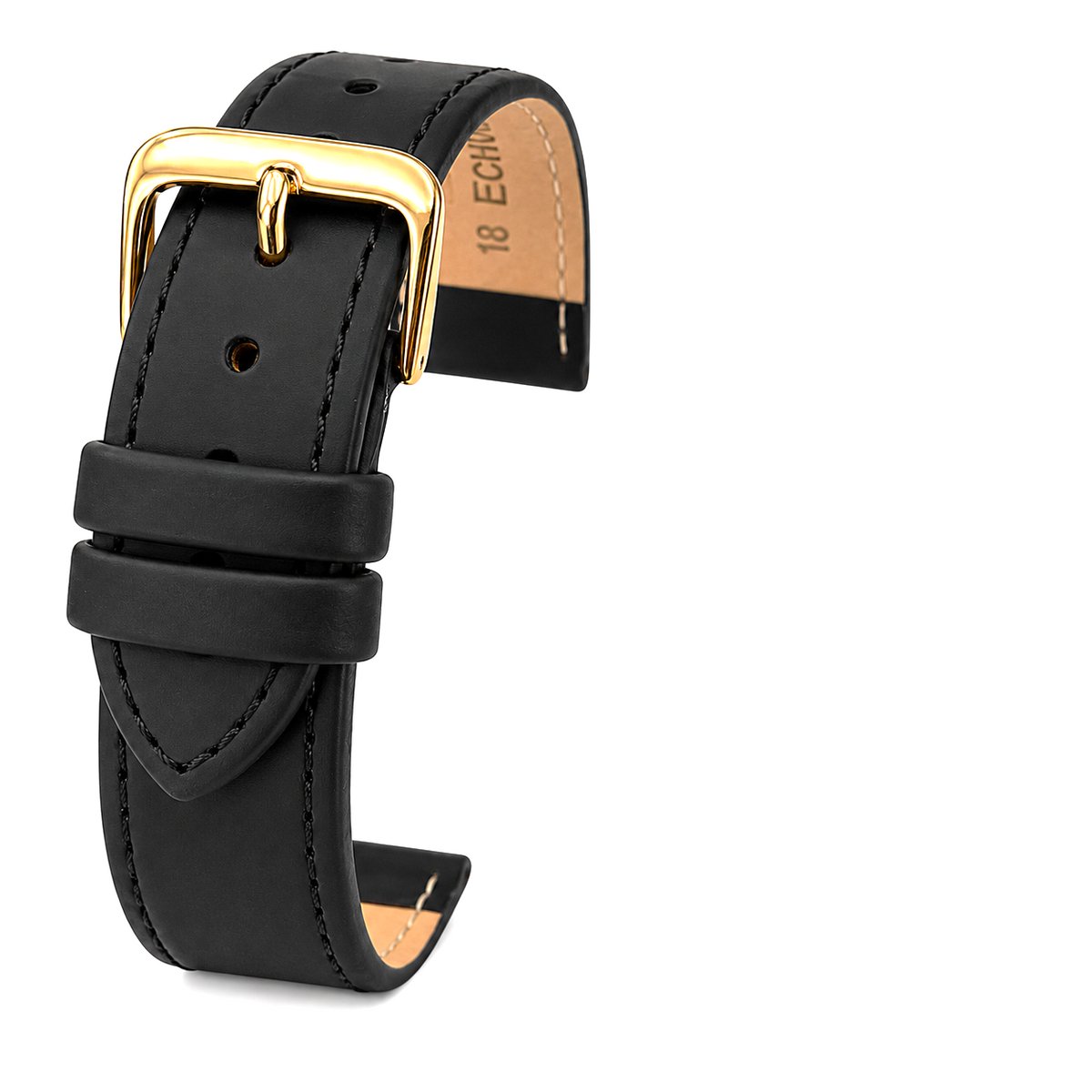 Horlogeband-Horlogebandje-10mm-Zwart-Echt leder-Mat-leer-Plat-Zacht-Gestikt-Goudkleurige Gesp-10 mm