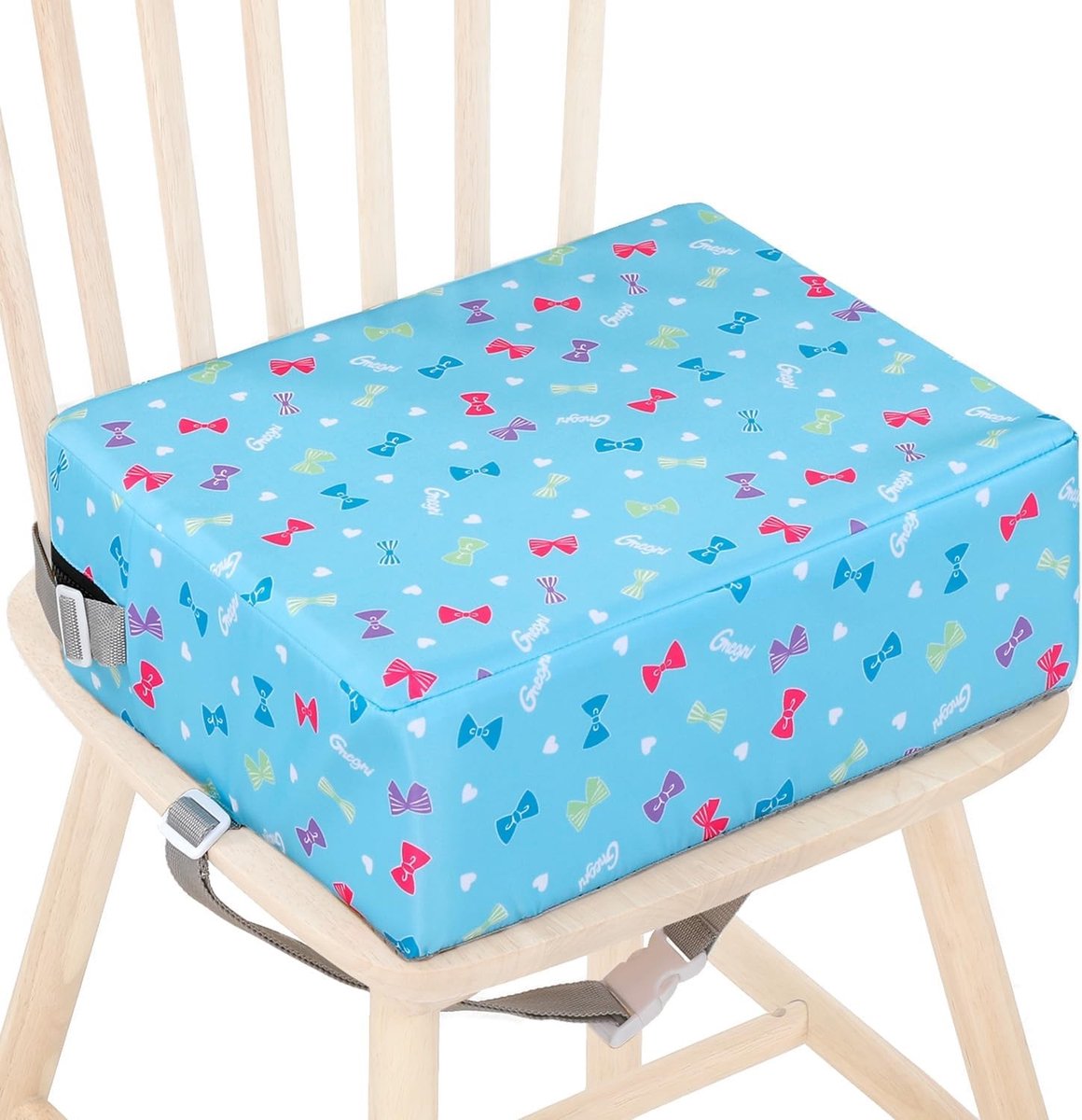 Verstelbare Kinder Booster Stoel met Antislip Basis, Wasbare Kussen en 2 Veiligheidsgordels voor Eten, Uitjes en Reizen, 38 x 31 x 12 cm, Blauw