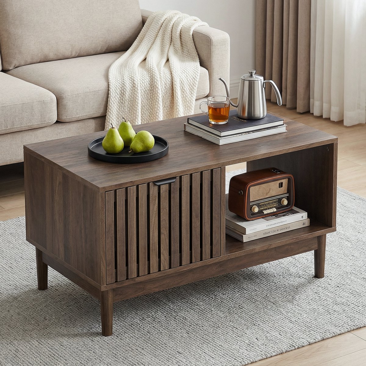 DESMIU Salontafel - Mid Century Modern Met Lade En Open Vakken - Voor Woonkamer - MDF En Massief Houten Poten - Walnoot - 80x50x45 Cm