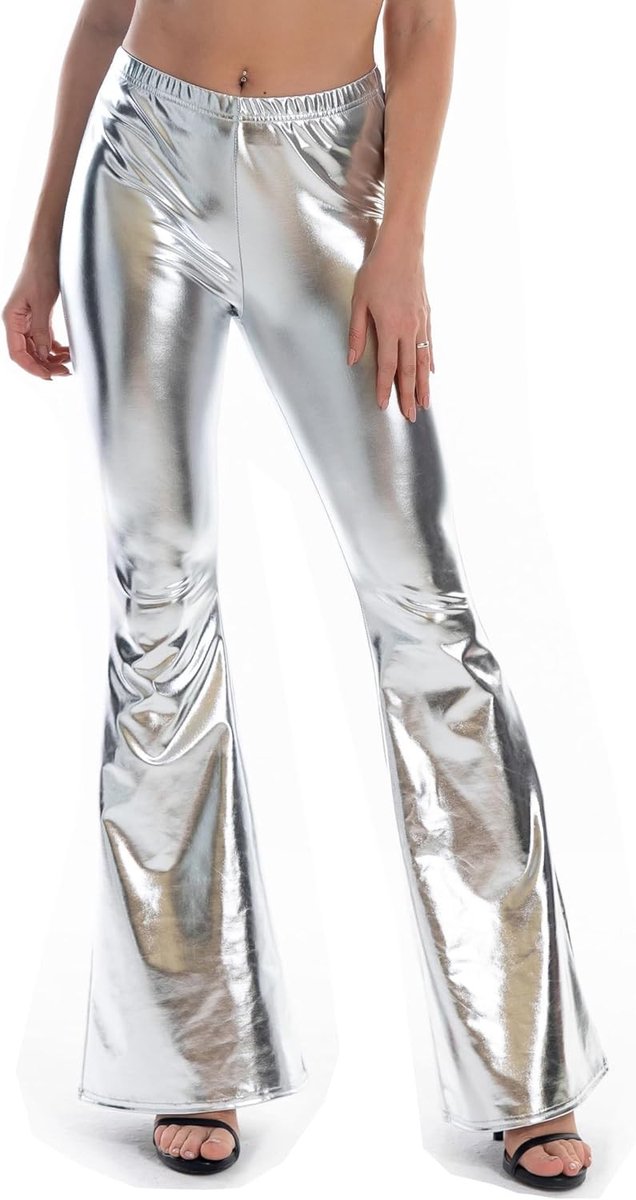 Shiny Metallic Disco Broek met Elastische Tailleband en Flared Pijpen voor 70's Thema Feest en Cosplay Outfits