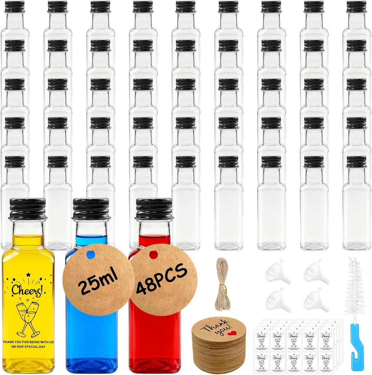 48 Stuks Mini Shot Flessen van 25ml, Herbruikbare Plastic Flessen met Trechter, Labels en Touw voor Bruiloften en Feesten