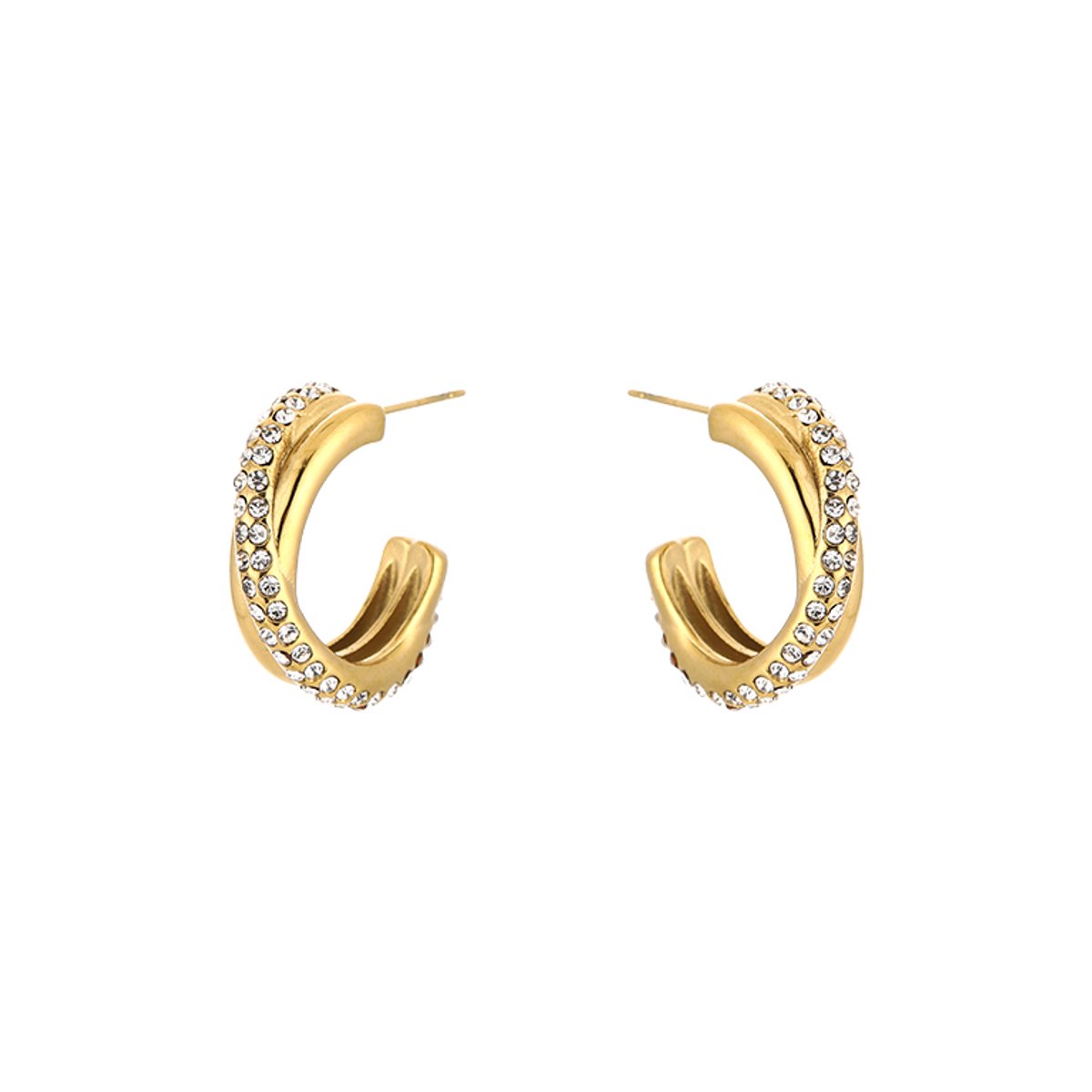 Stainless Steel Double Band Pavé Zirconia Half Hoops – Luxe Dubbele Band Zirkonia Oorstekers – RVS - Goud
