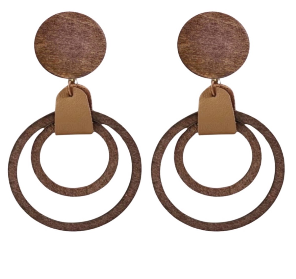 Clip oorbellen lang hout bruin leer- geen gaatje- Charme Bijoux