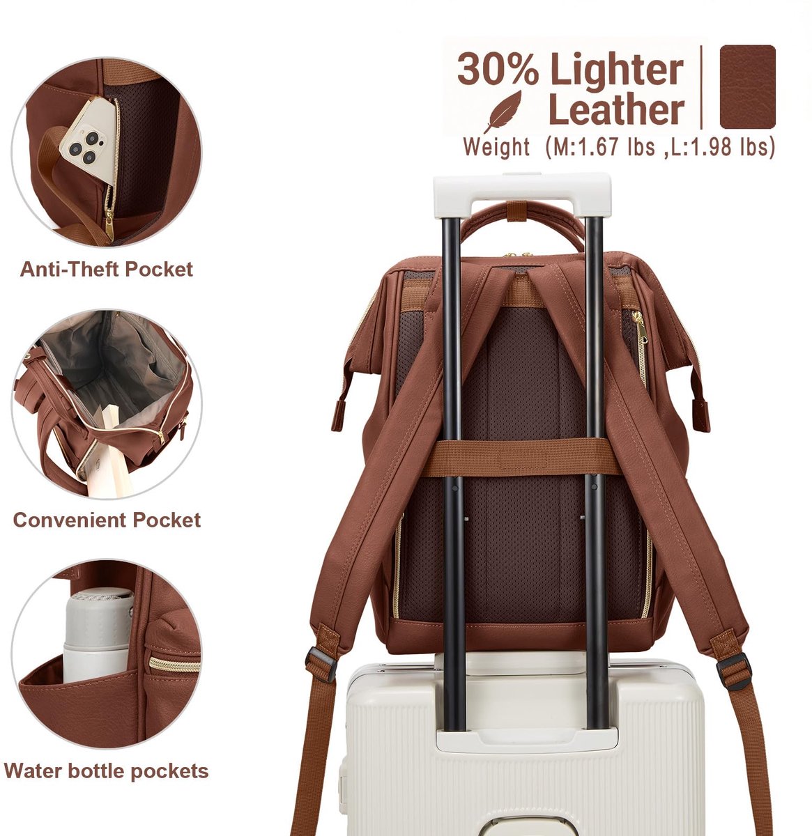 SnelShoppen - Lederen Reizen Laptop Rugzak Notebook School Luiertas voor Vrouwen en Mannen (Groot, Bruin) - Ideaal voor Werk, School, Reizen en Vrije – foto 6