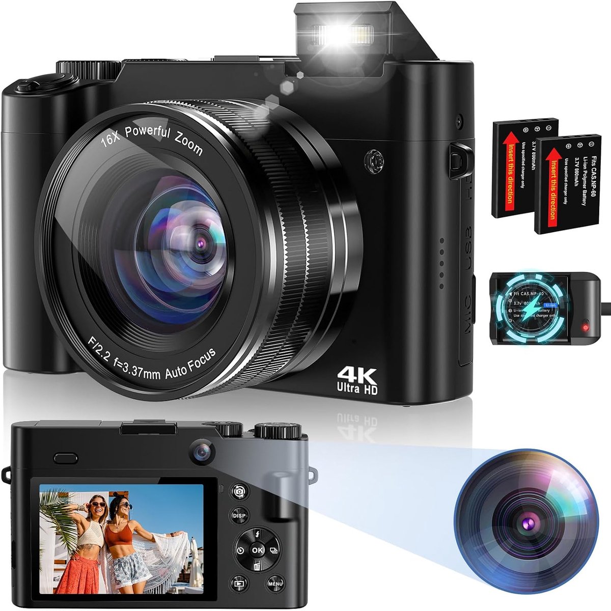 SnelShoppen - Digitale Camera HD 4K 64 MP met 16x Zoom, Autofocus Selfie-Fotocamera, Ingebouwde Oplaadbare Flitscamera, 2 Batterijen en Batterijlader