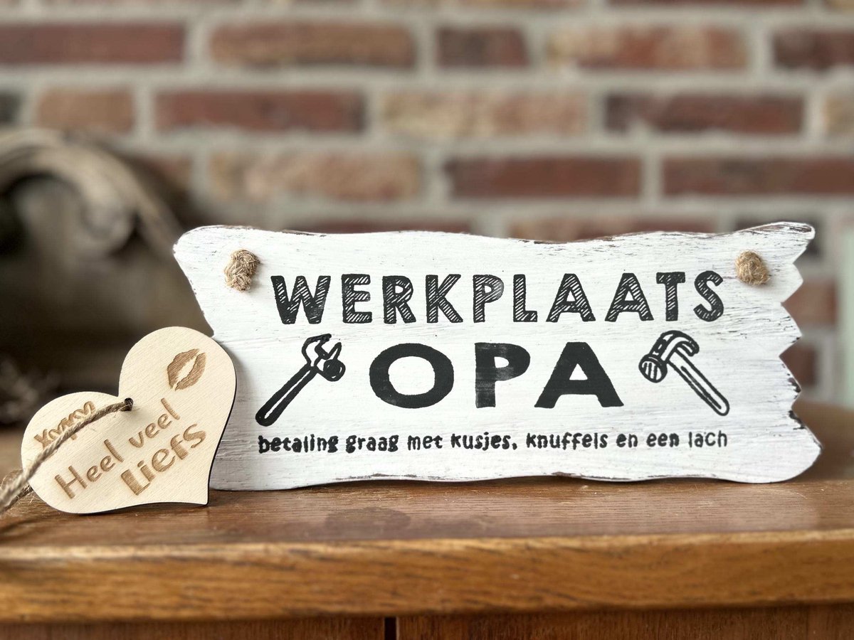 Creaties van hier - Werkplaats Opa - wit - met houten hartje - 12x30 cm - tekstbord - wandbordje