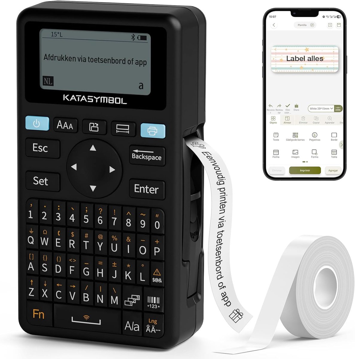 SnelShoppen - Bluetooth Label Printer met QWERTY Toetsenbord, Draagbare Etikettenmaker, Inclusief 1 Rol Labels, Ideaal voor Thuis, Kantoor, en Organis