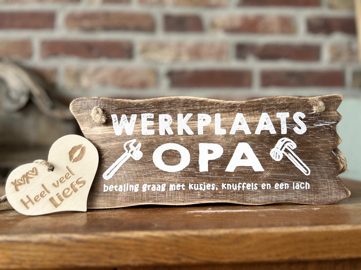Creaties van hier - Werkplaats Opa - met houten hartje - 12x30 cm - tekstbord - wandbordje