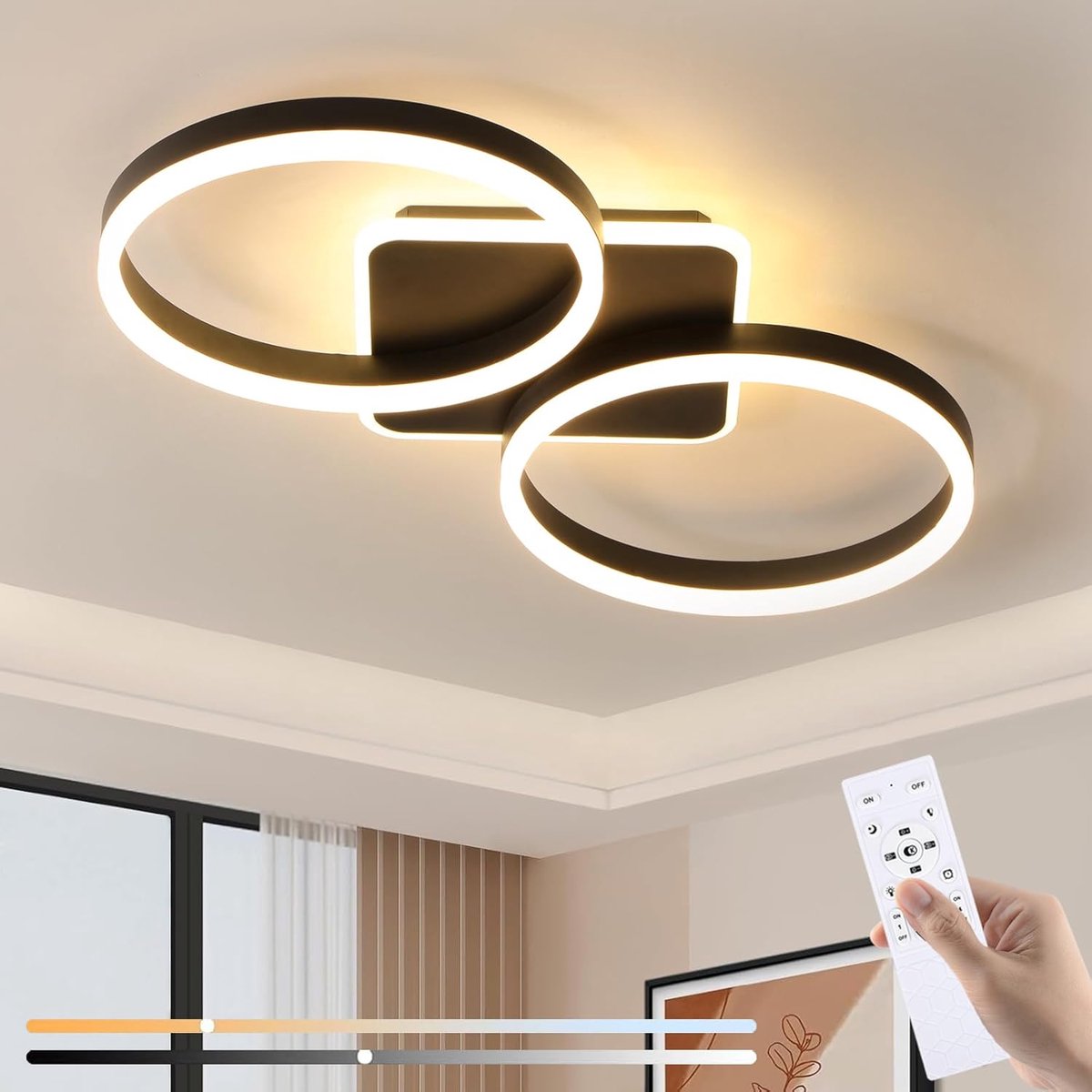 SnelShoppen - Dimbare LED Plafondlamp met Afstandsbediening APP, 42W Modern 2-Ring Design, Zwart, Nachtlampje Geheugenfunctie voor Woonkamer, Slaapkam