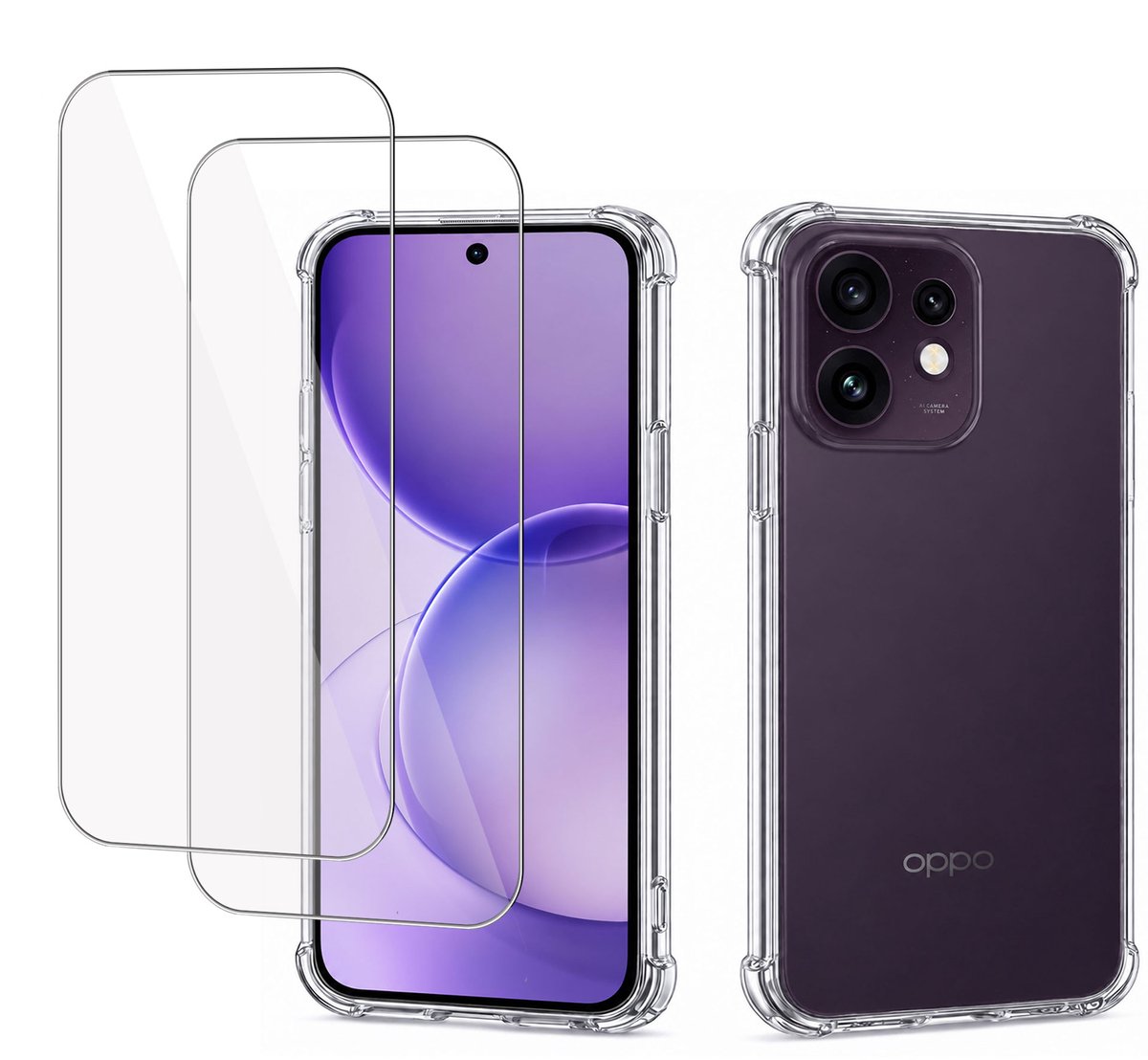 2x Hoesje met screenprotector geschikt voor OPPO Reno 16 5G / Reno 16 Pro 5G - Luchtkussens - Siliconen Hoes - Gehard Glas - Transparant - geschikt voor OPPO Reno 16 5G / Reno 16 Pro 5G