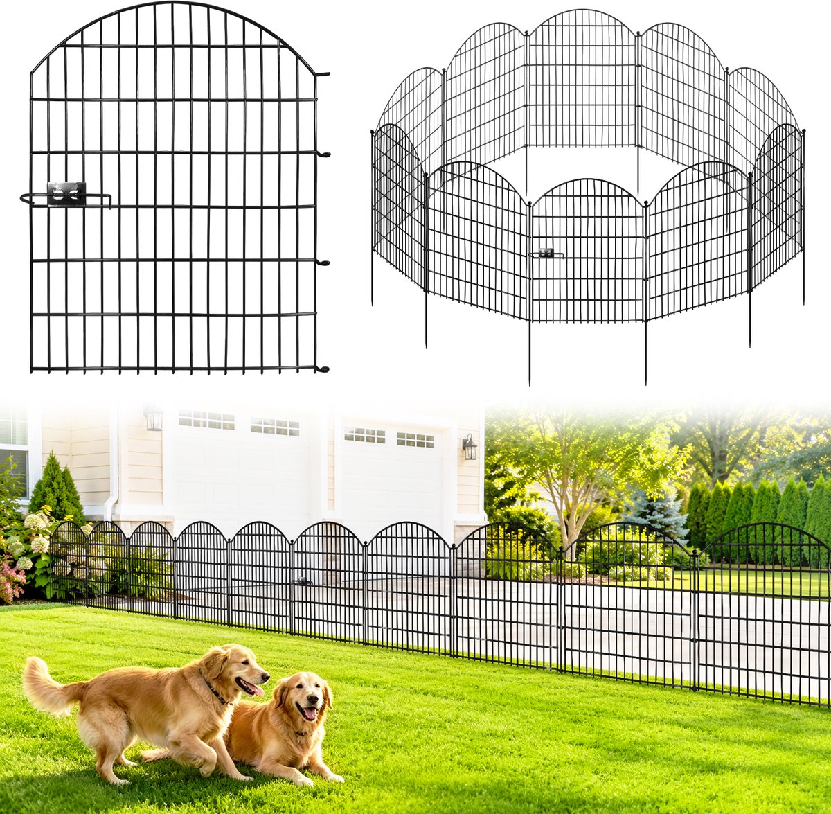 Lemlit Tuinhek met Poort 5 Delig - Metalen Insteekhek met 4 Panelen en Hekpoort, Hondenhek, Dierenhek, Vijverhek en Parkhek voor Tuin Gazon Border - 68 x 78 cm + Stang 98 cm - Zwart