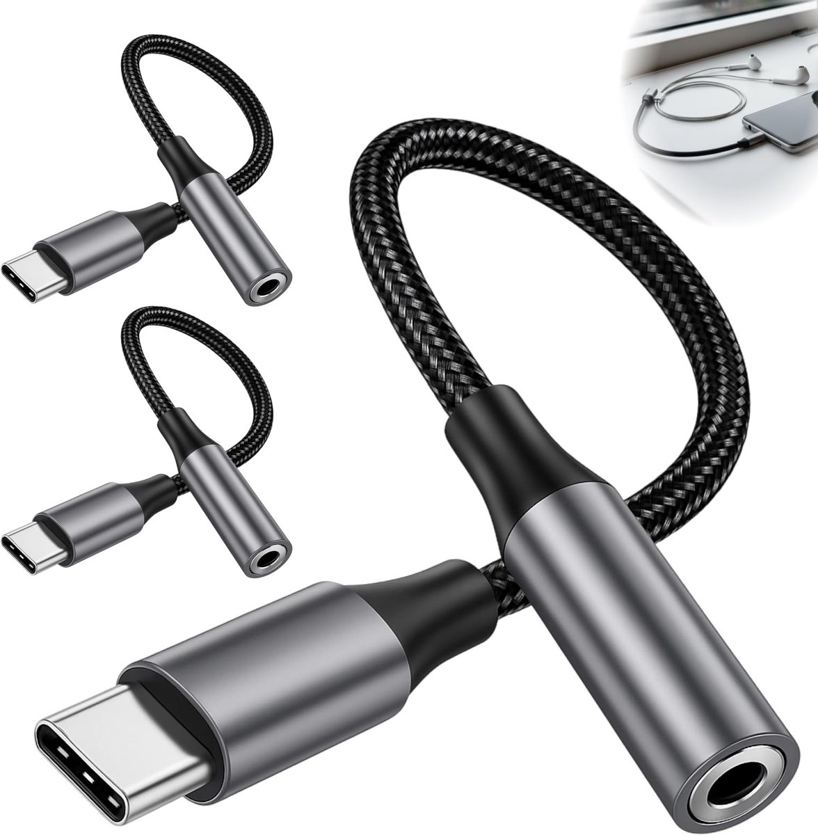 Solidchoice - 3 Stuks USB C naar 3.5mm Jack Adapter met DAC Chip voor Hoofdtelefoons