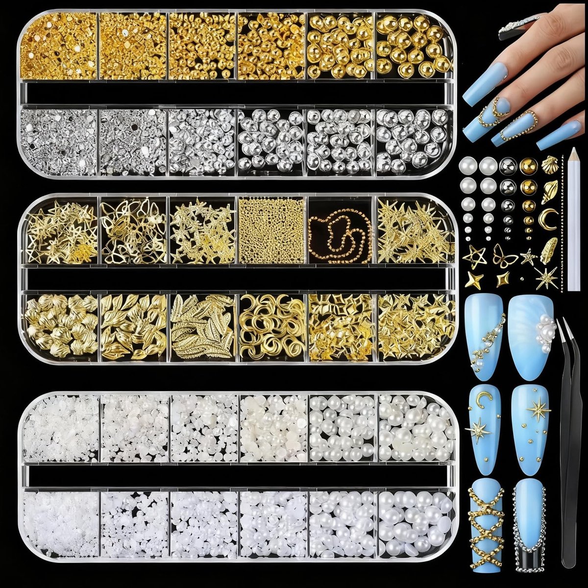 Solidchoice - Luxe Nagelkunst Decoratie Set met 3 Dozen en Meer dan 4000 Parelmoeren