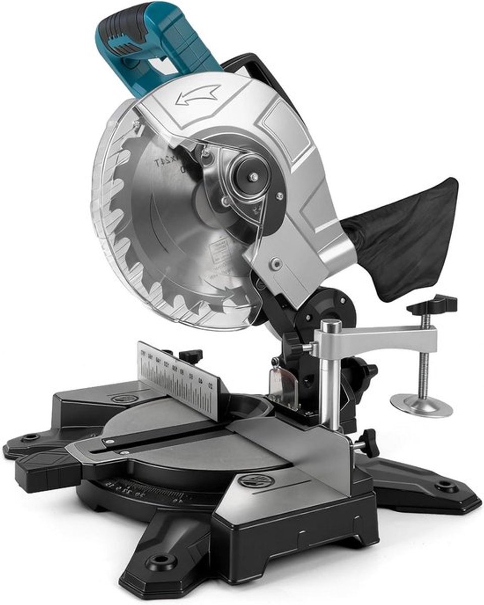 Afkortzaag 150W vermogen, Ø 210mm zaagblad, verstekzaag, compatibel met 18V accu's, dubbelzijdig kantelbare zaagkop