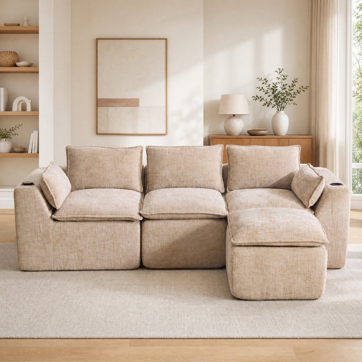 MODFU - Hoekbank - 3-Zits - Chenille - Khaki - 256 X 161 X 75 Cm