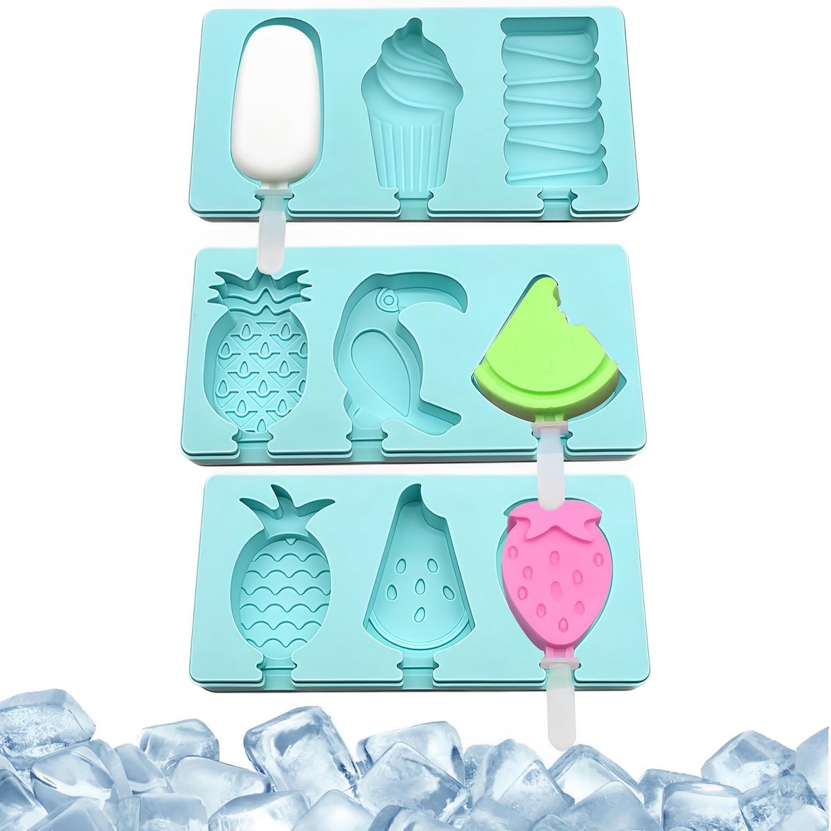 Solidchoice - 3 Stuks Silicone IJsblokjesvormen met Deksel en Steel