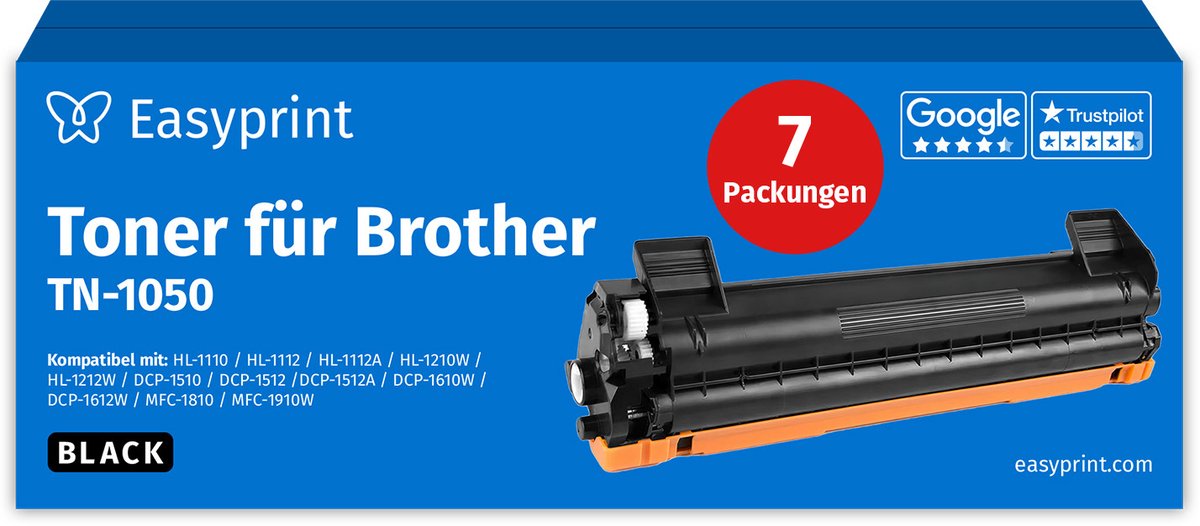 NIEUW: Easyprint Toner voor Brother TN1050, compatibel met Brother DCP 1510, HL 1110, MFC 1810, e.d., 7 stuks