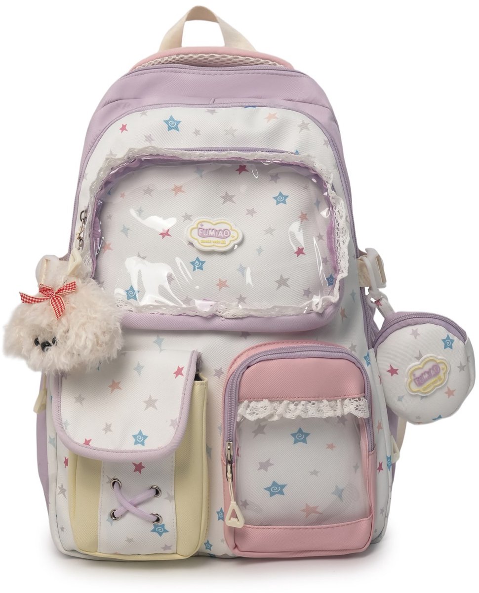 Meisjes Rugzak Set – Schoolrugzak met Portemonneetje – 2-delige Set – 31 × 17 × 43 cm – Met Transparant Voorvak – Voor Buttons & Foto's – Nylon – Paars – Voor School & Dagelijks Gebruik