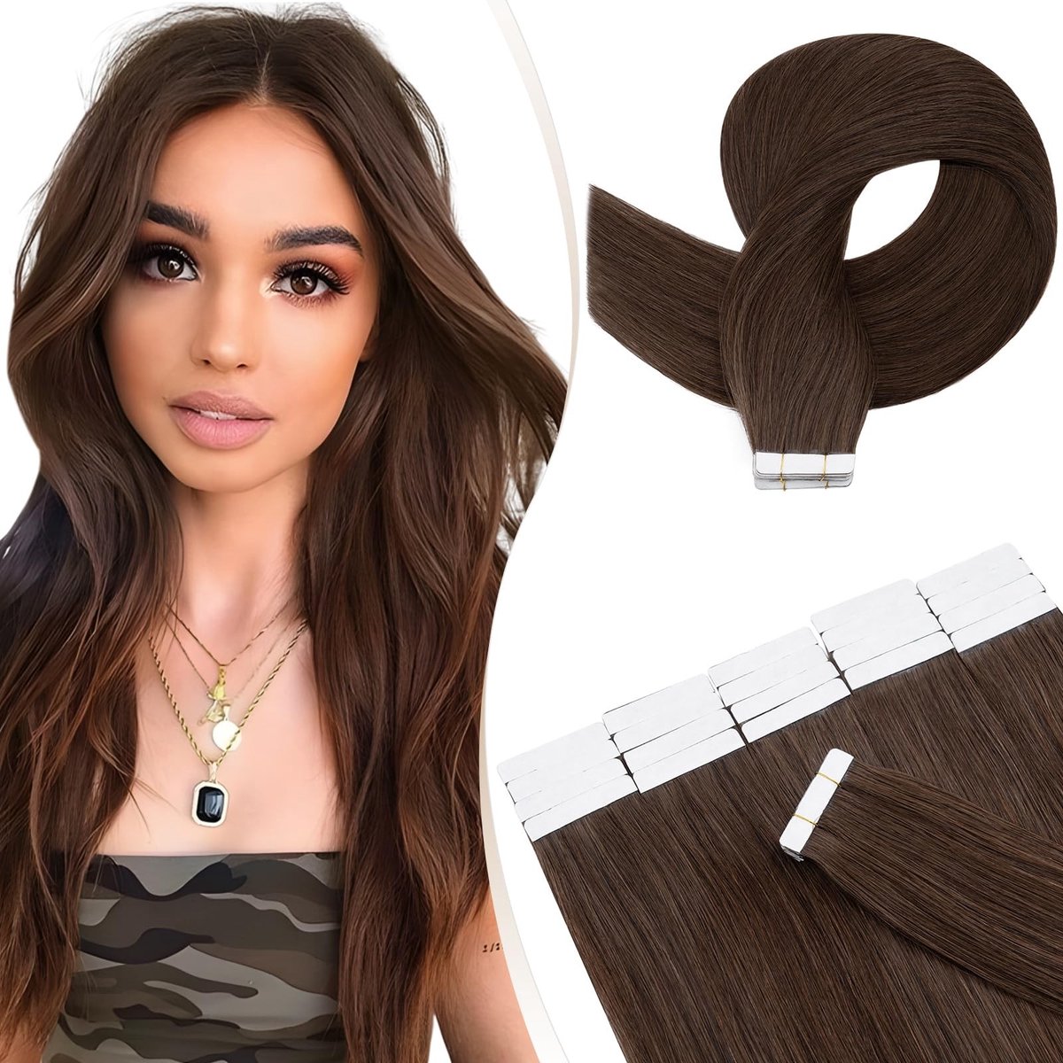 Solidchoice - Tape-In Extensions van Echt Haar, 50 cm, Middelbruin