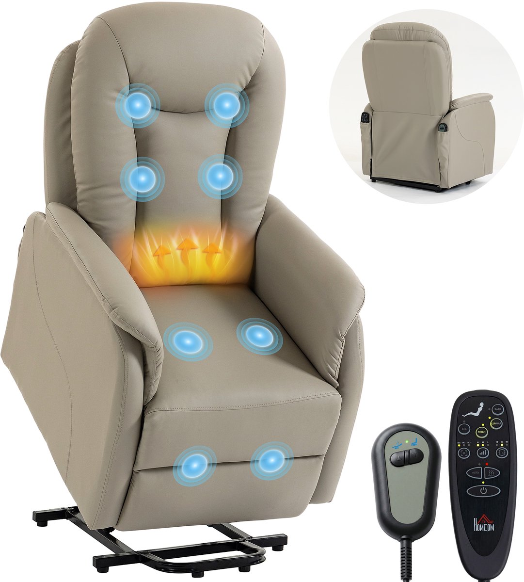 HOMCOM - Multifunctionele elektrische relaxfauteuil - PU, staal - 70 x 92 x 108 cm - Lichtgrijs