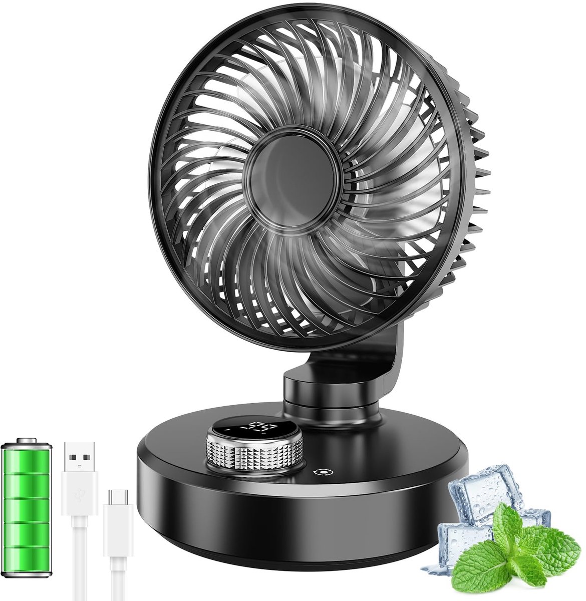 Solidchoice - Draagbare Stille Tafelventilator met LCD Display en Oplaadbare Batterij