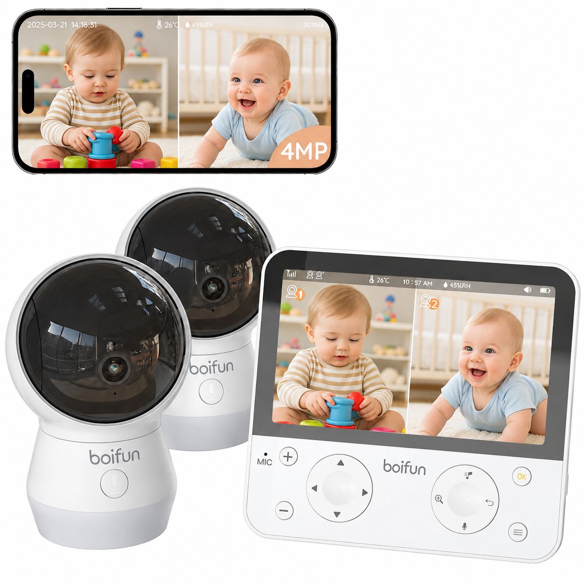 BOIFUN 4MP Babyfoon met Camera - 2,4/5 GHz WiFi - 5,5 Inch Scherm en App-bediening - Nachtzicht - Gezichtsbedekking en Buikligging Detectie - 360° PTZ - Huil- en Bewegingsdetectie - Automatische Tracking - Verstelbaar Nachtlampje