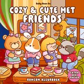 Kleurboek 'Cozy & Cute met Friends' met een bruine beer, konijn, varkentje en wasbeer, zittend rond een tafel met kopjes en boeken.