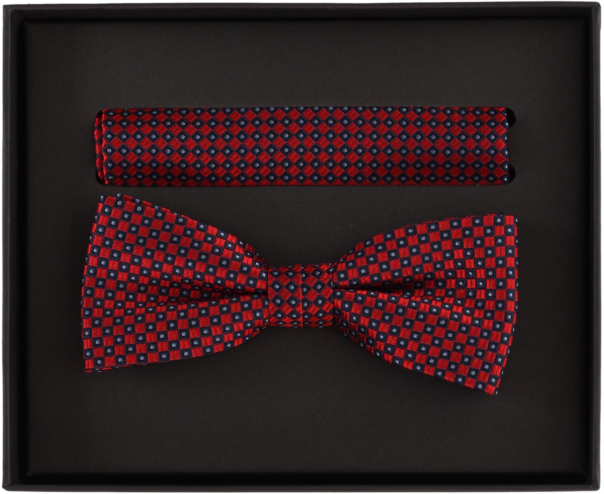 VENTI set met vlinderdas en pochet - rood - donkerblauw - lichtblauw dessin