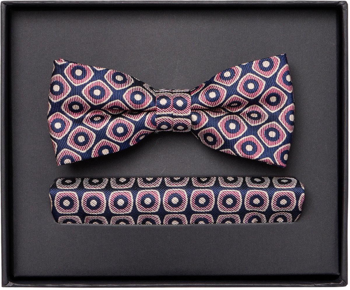 VENTI set met vlinderdas en pochet - rood met blauw en wit dessin