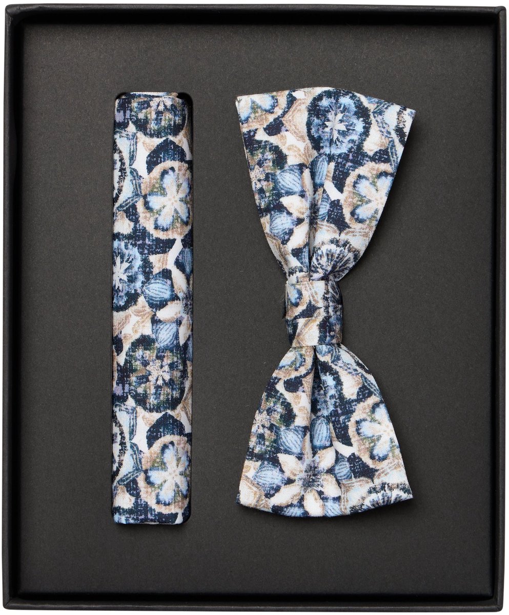VENTI set met vlinderdas en pochet - blauw - wit - beige - donkerblauw dessin