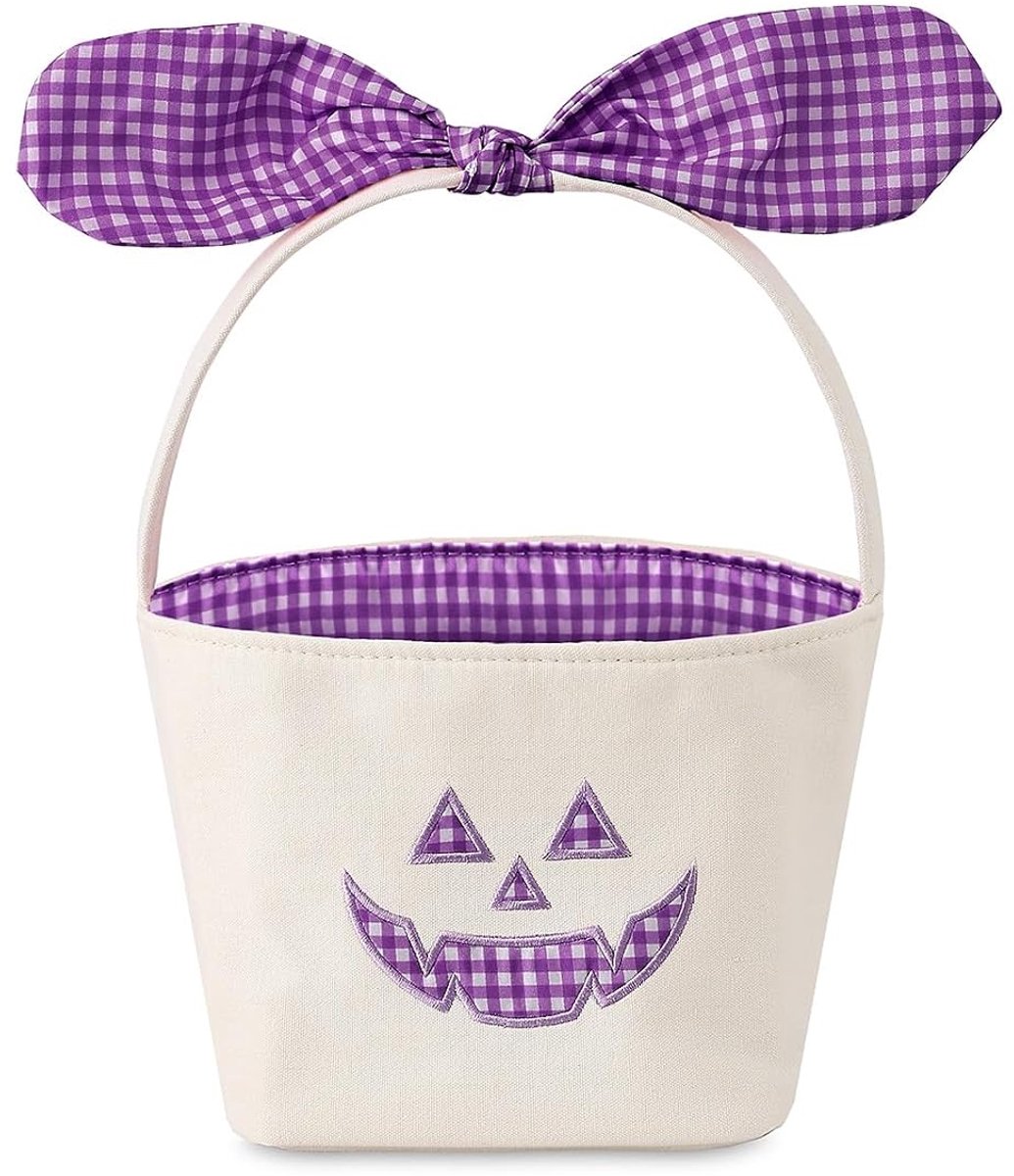 1 Paarse Halloween Pompoenmand - 31 × 16,5 cm - met strik aan het handvat - Opvouwbaar - Compact en draagbaar - Perfect voor Halloween en feestdecoratie