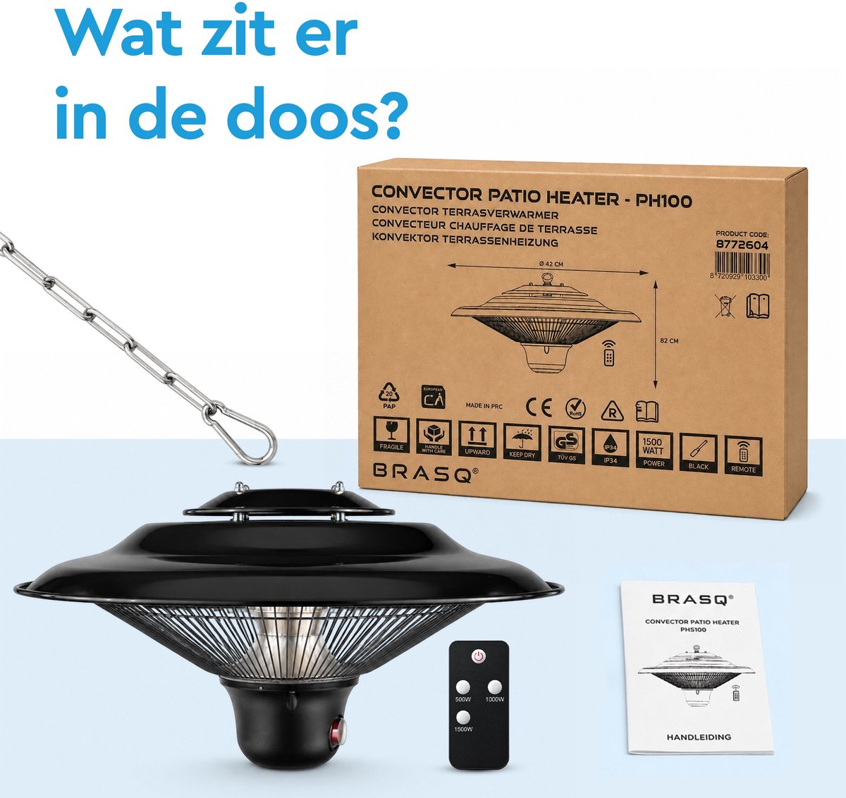 BRASQ Elektrische Terrasverwarmer Hangend PHC100 - Infrarood Heater 1500W - met Afstandsbediening - 3 warmtestanden - Voor binnen en buiten - Spatwaterdicht - Zwart – foto 3