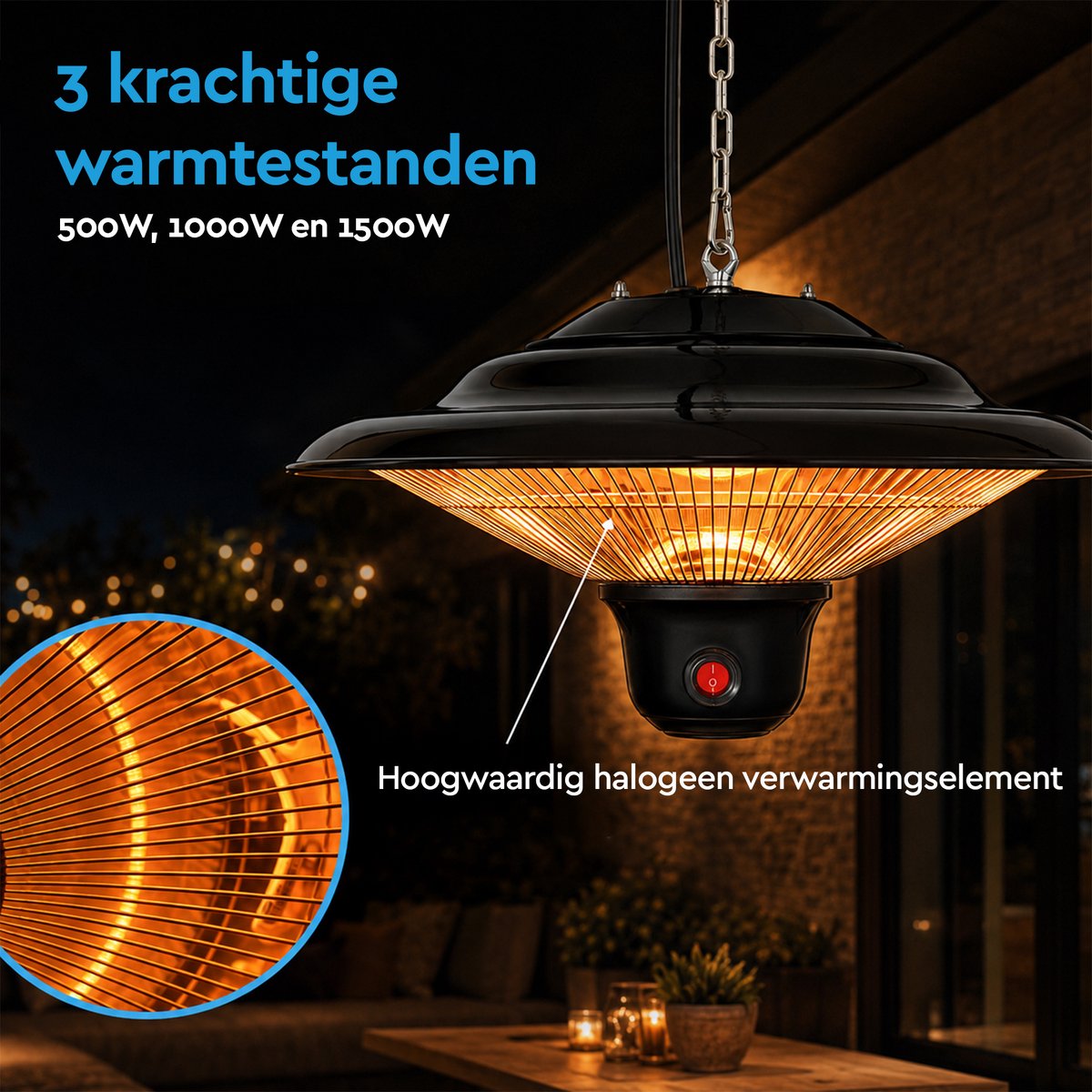 BRASQ Elektrische Terrasverwarmer Hangend PHC100 - Infrarood Heater 1500W - met Afstandsbediening - 3 warmtestanden - Voor binnen en buiten - Spatwaterdicht - Zwart – foto 4