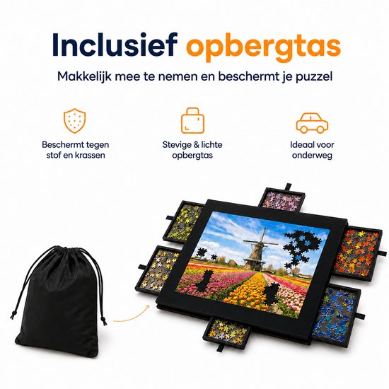 Inclusief stevige zwarte opbergtas voor 1000 puzzelstukjes, ideaal voor onderweg.