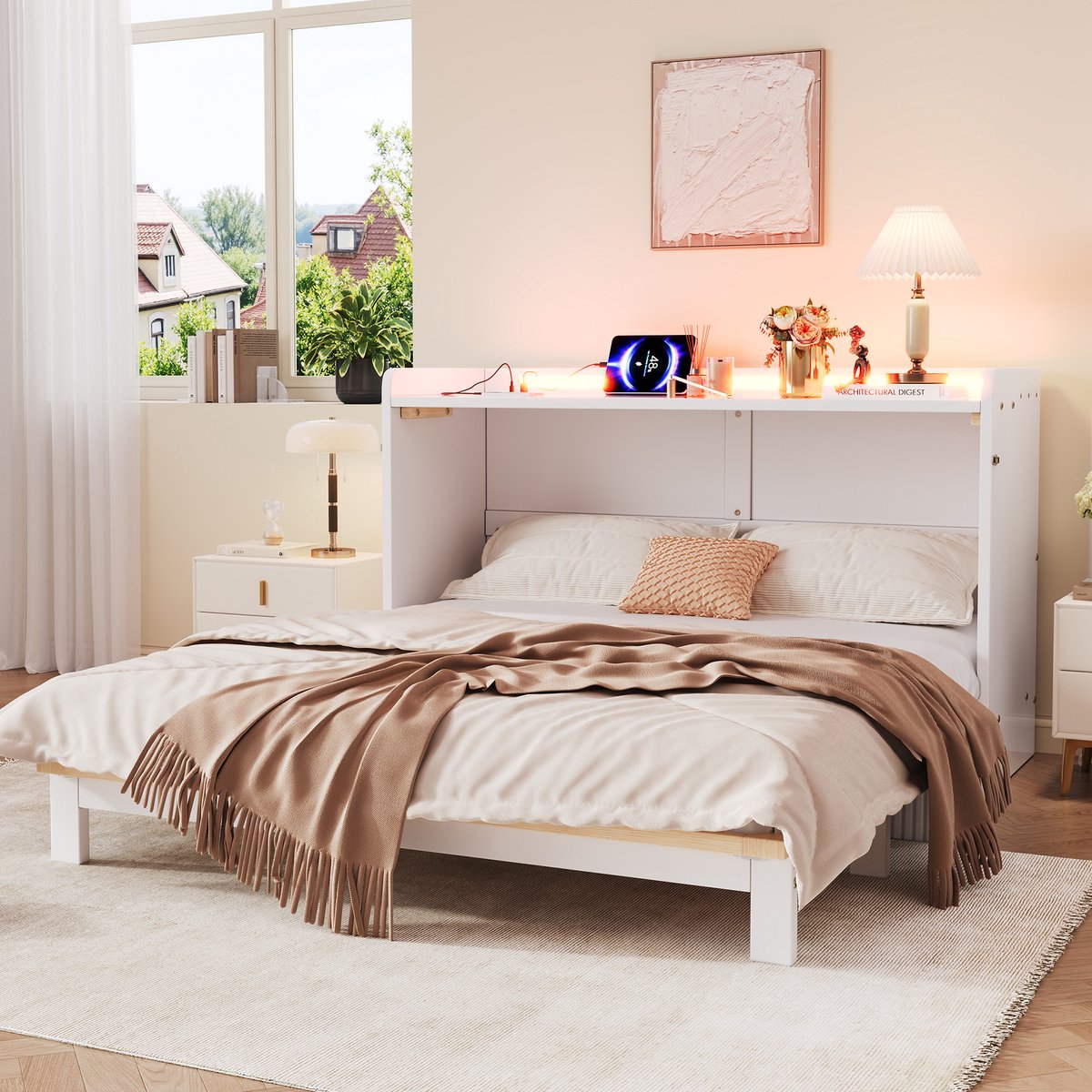 Opklapbed 140x200 Cm Met Lades, Ledverlichting, Usb En Stopcontact, Hoogglans Wit, Voor Volwassenen