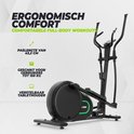 Zwarte crosstrainer met verstelbare tablethouder en comfortabele, ergonomische handgrepen.