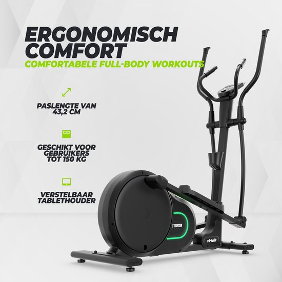 Zwarte crosstrainer met verstelbare tablethouder en comfortabele, ergonomische handgrepen.