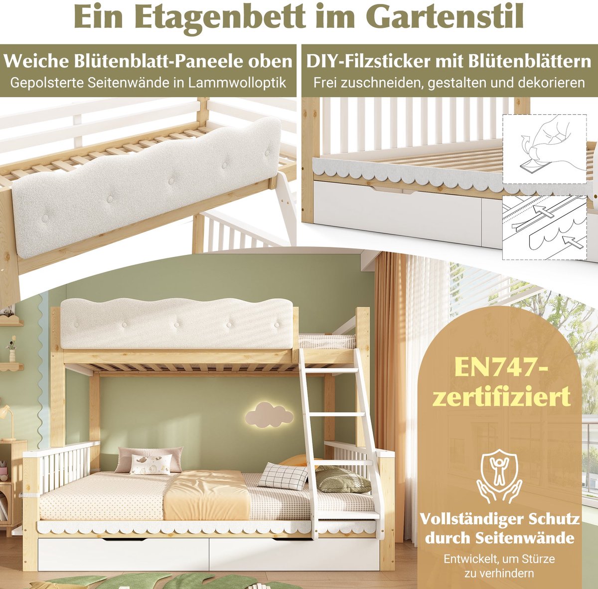 Merax Houten Stapelbed 90 x 200 + 140 x 200 cm - Familiebed - 2 Lades - Veiligheidshek - Tijdschriftenhouder - Wit En Eiken
