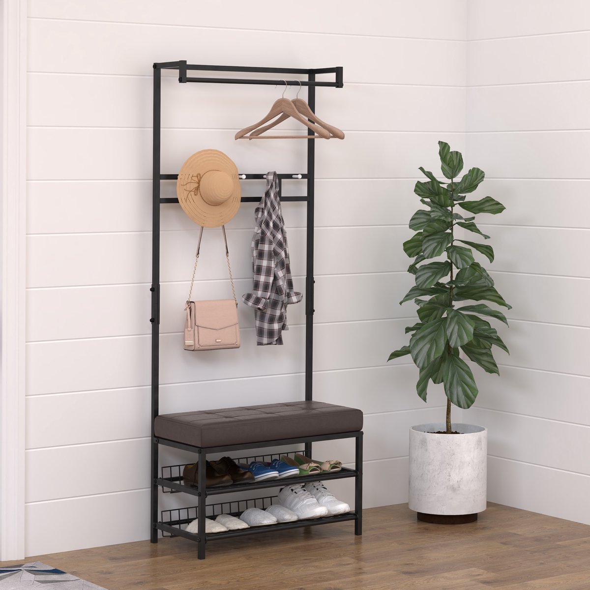 FloraGrace Kledingrek – 72,5 x 35 x 180 cm – Metaal – Zwart – Met Bank, 2 Schoenenrekken, 5 Haken en Kledingstang voor Hal